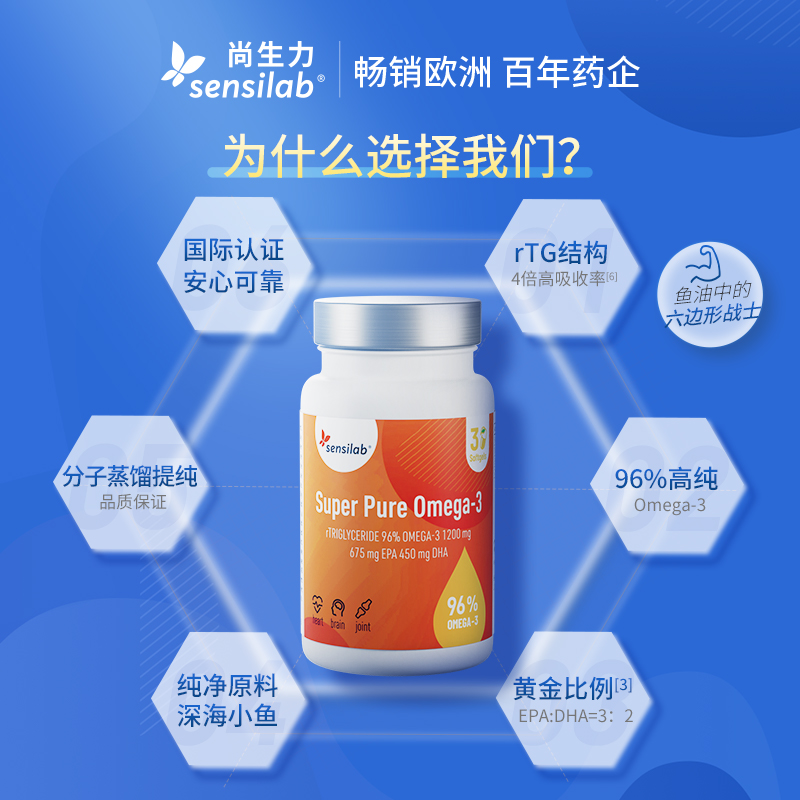 Sensilab尚生力深海鱼油96%高纯度omega3软胶囊rTG结构成人dha