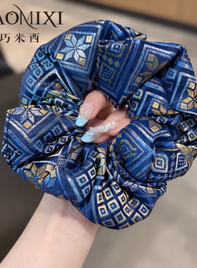 复古民族风蓝色几何印花大肠发圈