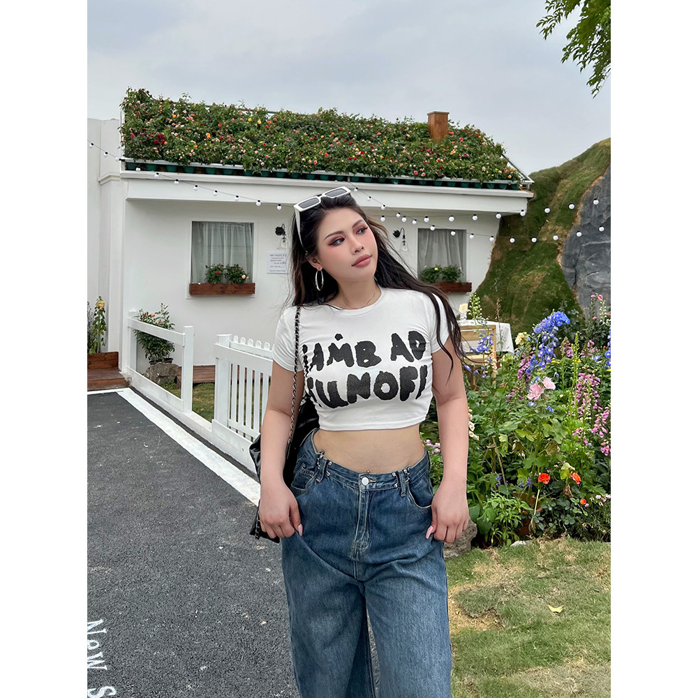 CDSOUL 魔豆姐姐 微胖大码辣妹短款上衣女夏美式字母印花正肩t恤