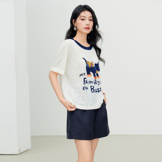Basic House/Baijiahao contrasting color round neck puppy short-sleeved sweater summer new casual short top