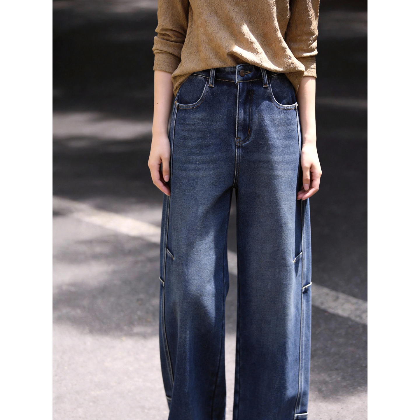 Basic House/百家好复古做旧阔腿牛仔裤女高腰垂感宽松直筒长裤子,淘宝优惠券,粉丝福利购,淘宝优惠卷