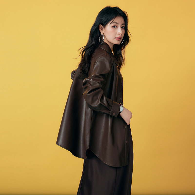 Basic House/百家好咖色皮衣外套女2025秋季复古翻领短款夹克上衣,淘宝优惠券,粉丝福利购,淘宝优惠卷