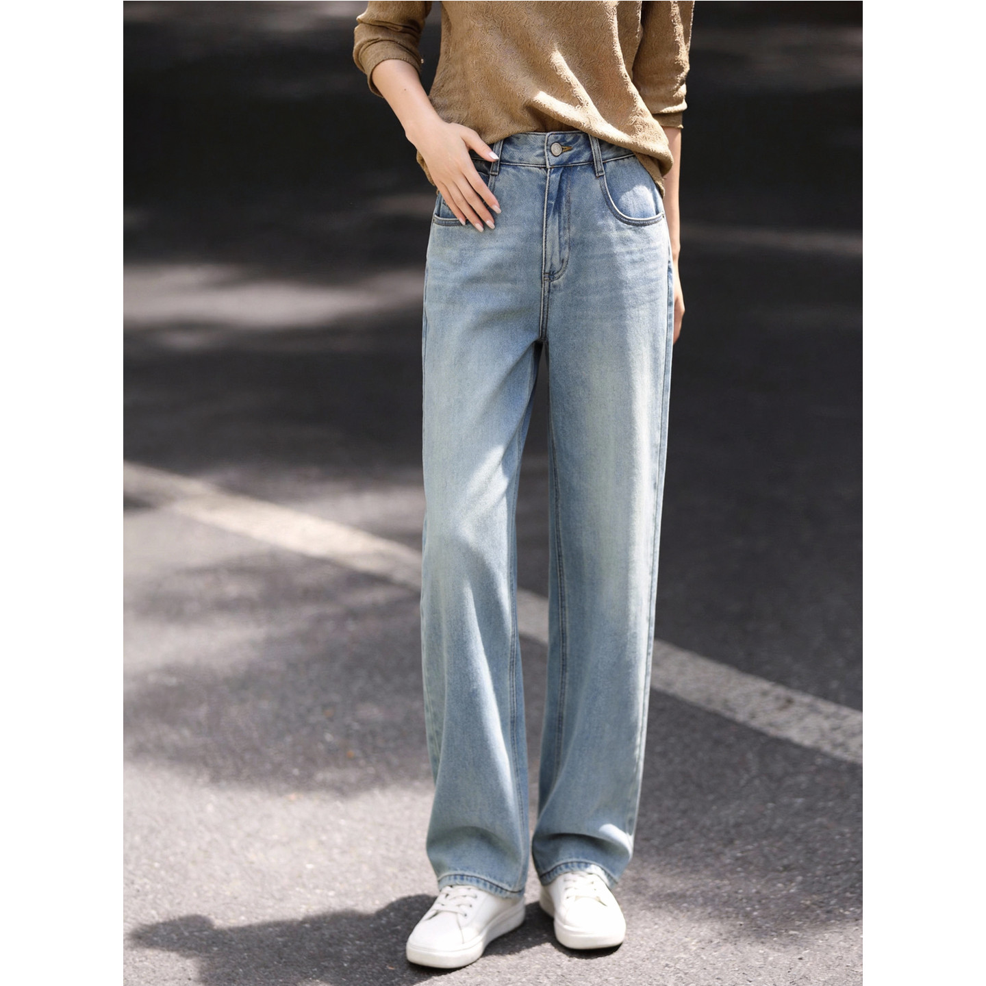 Basic House/百家好基础款高腰直长裤筒春季新款休闲百搭牛仔裤女,淘宝优惠券,粉丝福利购,淘宝优惠卷