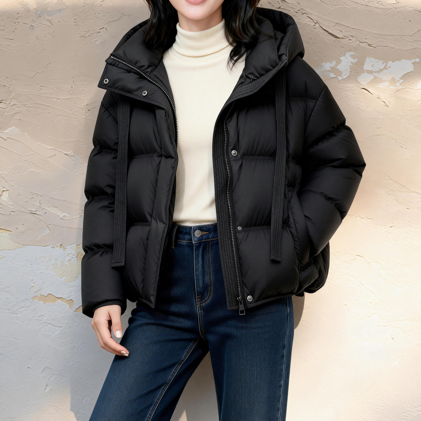 Basic House/百家好连帽抽绳鸭绒黑色羽绒服秋冬新款保暖短款外套,淘宝优惠券,粉丝福利购,淘宝优惠卷