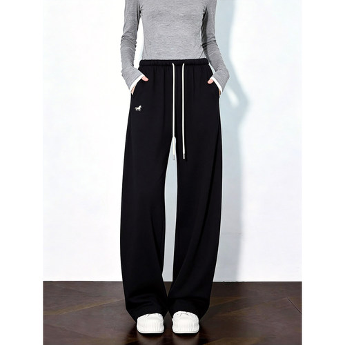 Basic House/百家好抽绳阔腿卫裤女2026春新款宽松显瘦直筒运动裤 - 图0