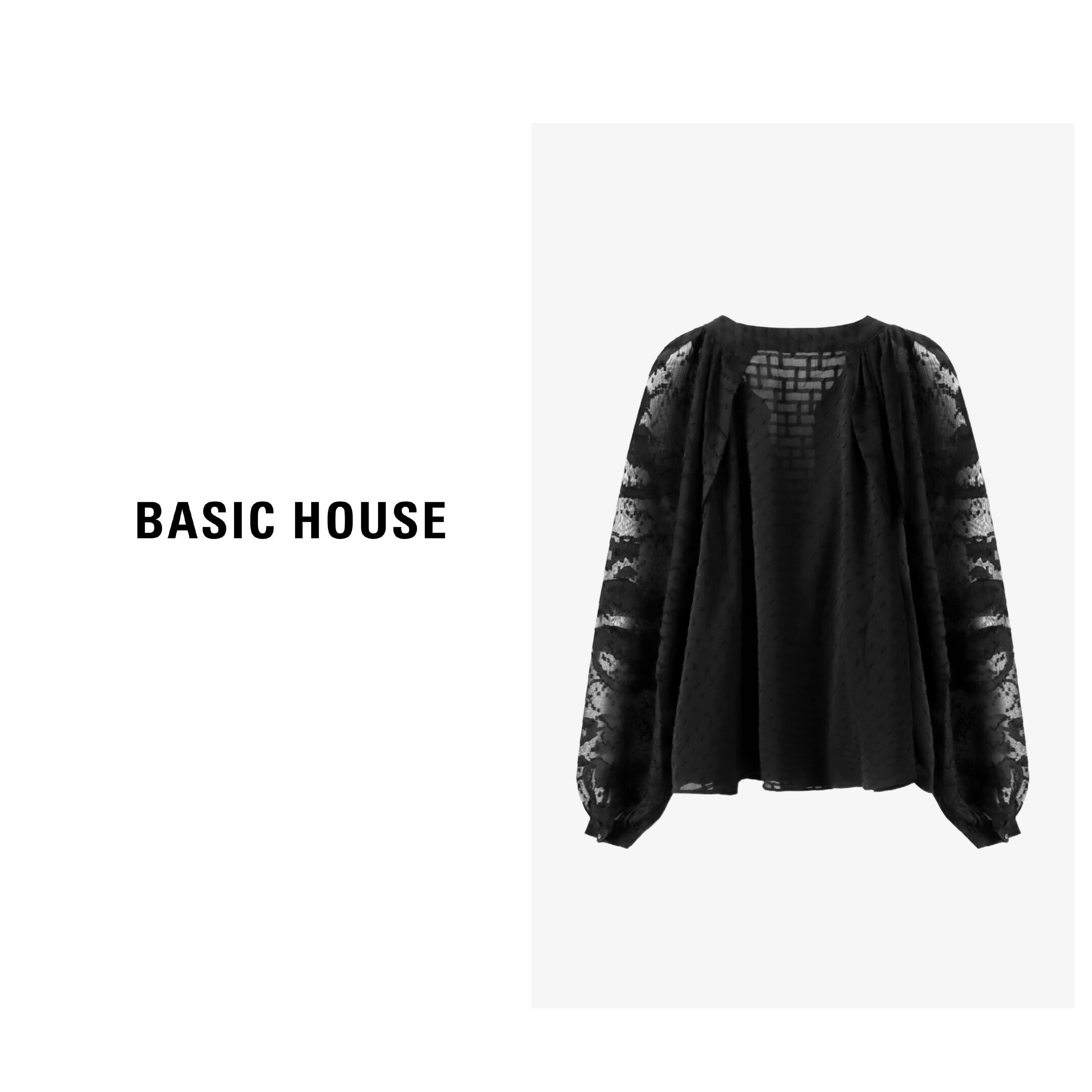 Basic House/百家好黑色长袖衬衫小众设计感v领衬衣B0623B57072