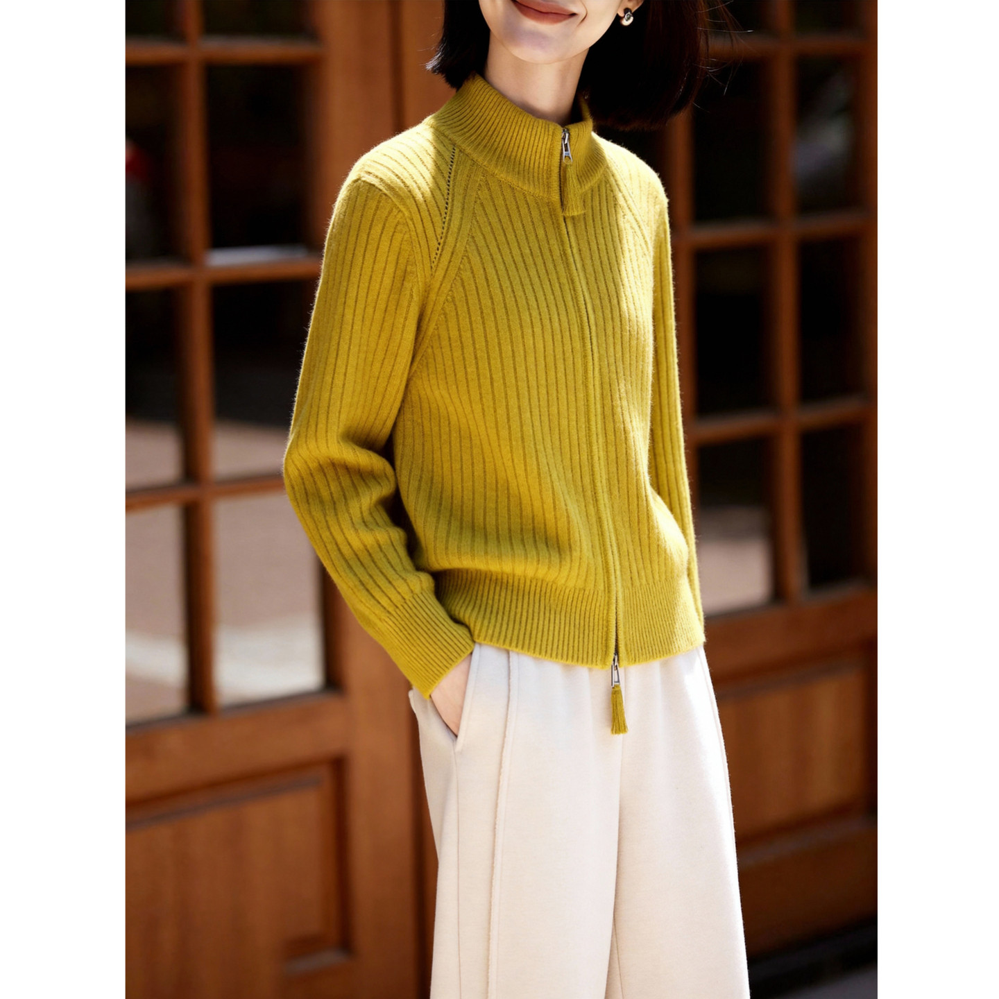 Basic House/百家好半高领拉链羊毛衫女新款坑条针织毛衣开衫外套,淘宝优惠券,粉丝福利购,淘宝优惠卷