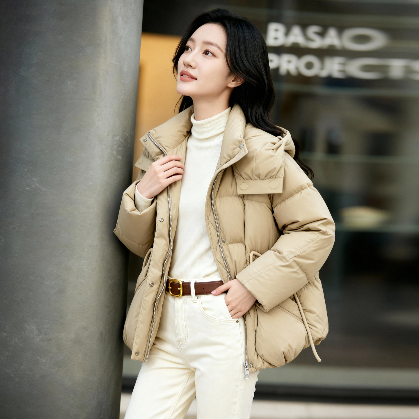 Basic House/百家好连帽泡芙羽绒服女保暖大口袋90白鸭绒短款外套 - 图2