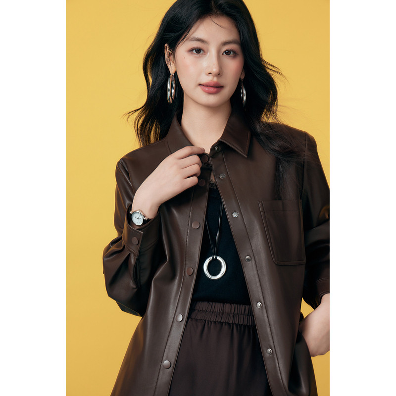 Basic House/百家好咖色皮衣外套女2025秋季复古翻领短款夹克上衣,淘宝优惠券,粉丝福利购,淘宝优惠卷