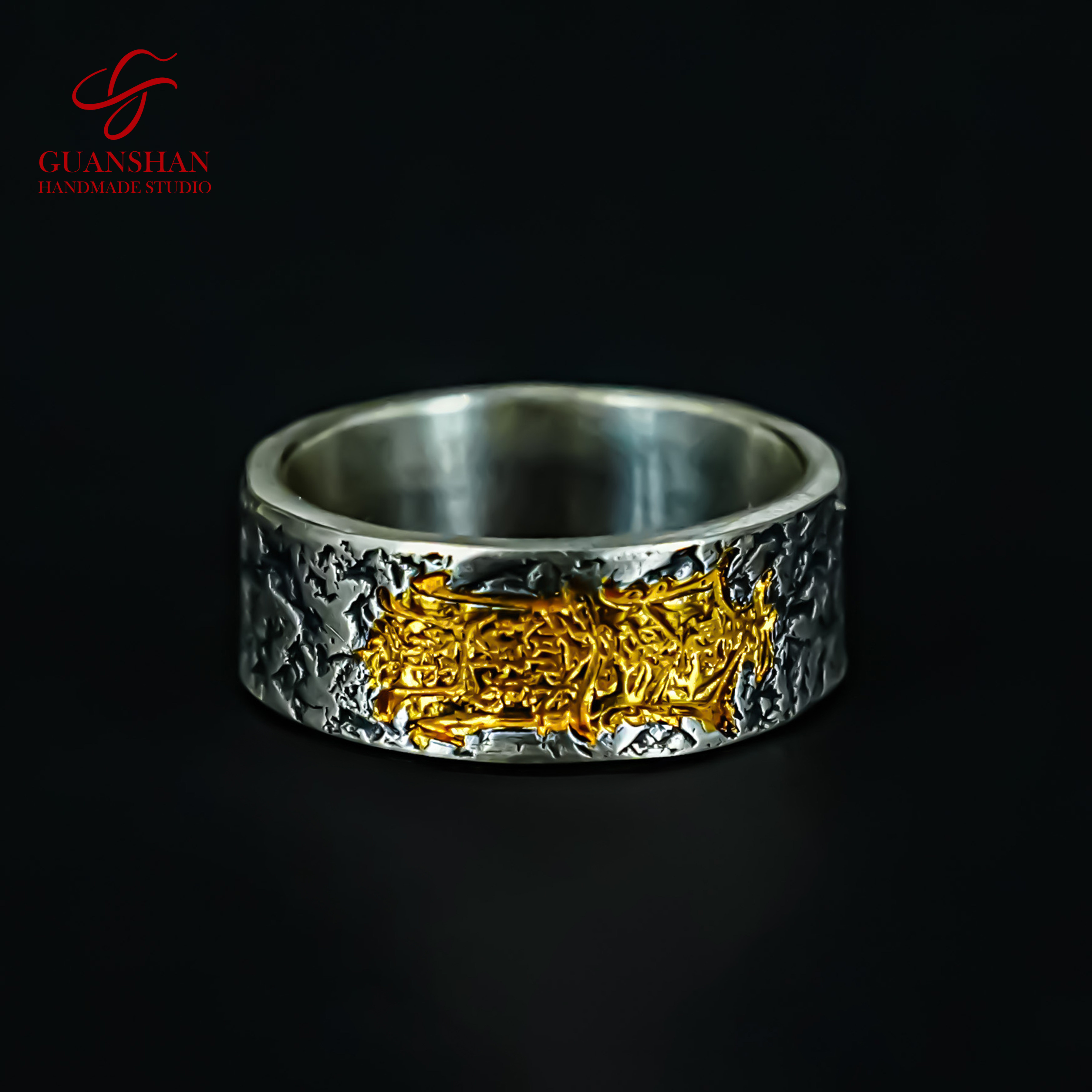 Guanshan handmade original design Taoist five-way God of Wealth gold and silver rings pure handmade retro men's and women's rings
