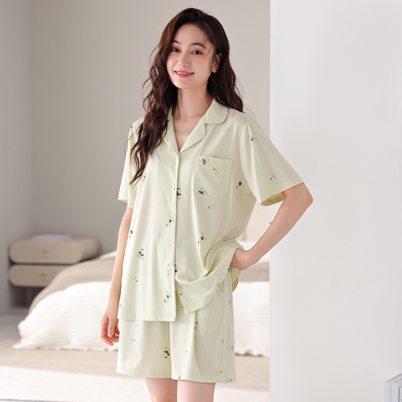 睡衣女夏款纯棉翻领短袖短裤可外穿2024新款透气休闲家居服套装
