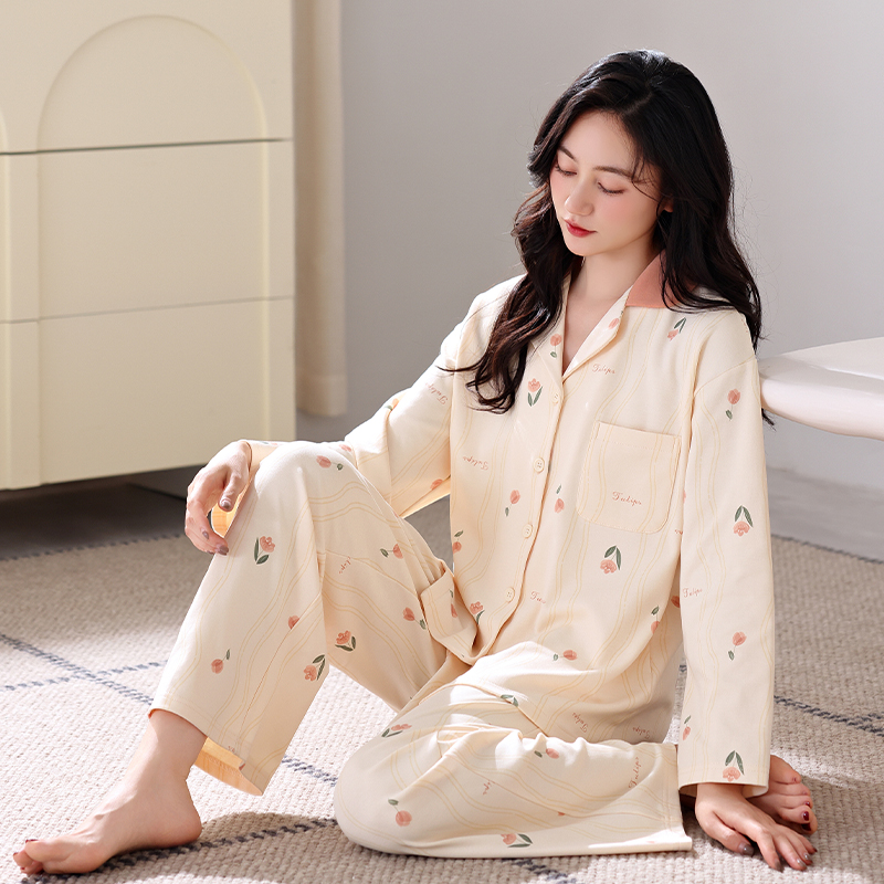 睡衣女款春秋纯棉抗菌翻领长袖2024新款可外穿早秋女士家居服套装