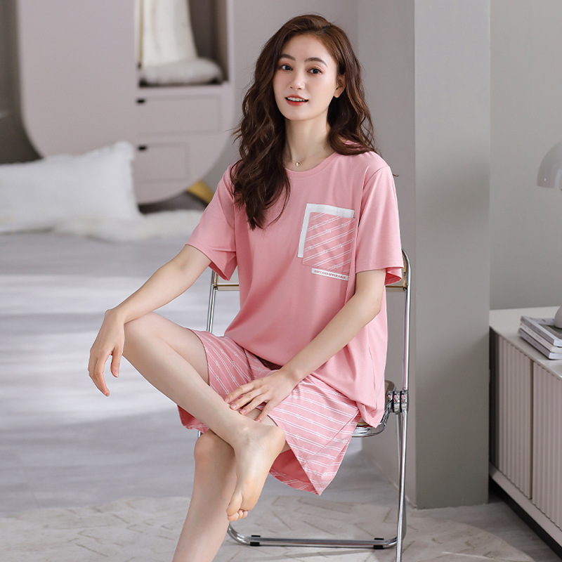 睡衣女款夏季2024新款精梳棉短袖短裤两件套装简约舒适夏天家居服
