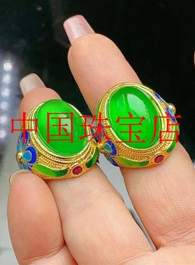 翡翠色高冰帝王绿蛋面镶嵌仿古董