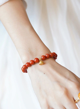 精选南红玛瑙满色满肉川料柿子红单圈圆珠手串原创手链女款本命年