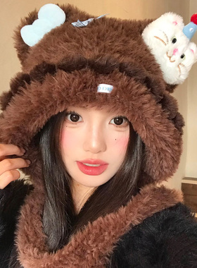 可爱猫咪耳朵毛绒针织帽女秋冬