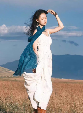 薄款蓝色川西旅游棉麻围巾女文艺