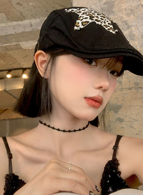 Y2K豹纹星星黑色前进帽女夏天薄款美式复古贝雷帽百搭大头围帽子