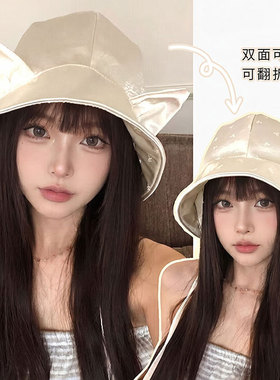双面戴缎面可爱猫耳朵水桶帽女夏