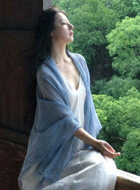 蓝色蕾丝边棉麻披肩外搭夏季薄款