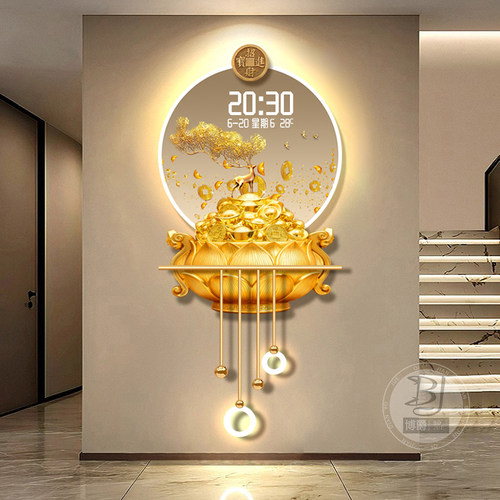 麋鹿玄关装饰画聚宝盆格栅装饰挂件万年历走廊挂画发光灯画时钟 - 图0