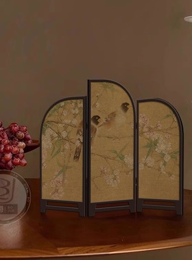 新中式花鸟装饰画折叠小屏风摆件