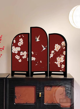 中古风小屏风摆画红色桌面装饰画