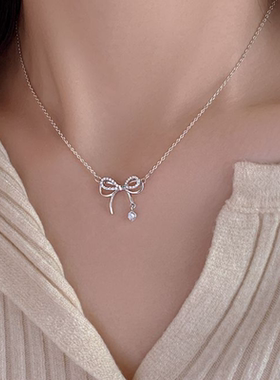 巷南银蝴蝶结颈链小众锁骨链女夏项链2024
