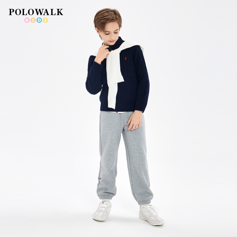 POLOWALK童装男童圆领羊毛衫春秋新款女童经典款式绞花针织衫