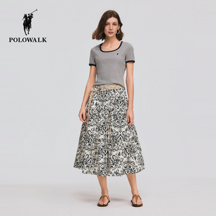 POLOWALK女式撞色圆领短袖圆领T恤