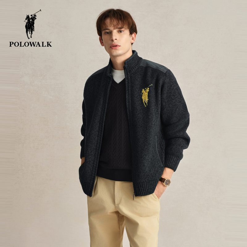 POLOWALK男士半高领加绒针织开衫秋冬新款针织衫时尚外套男款