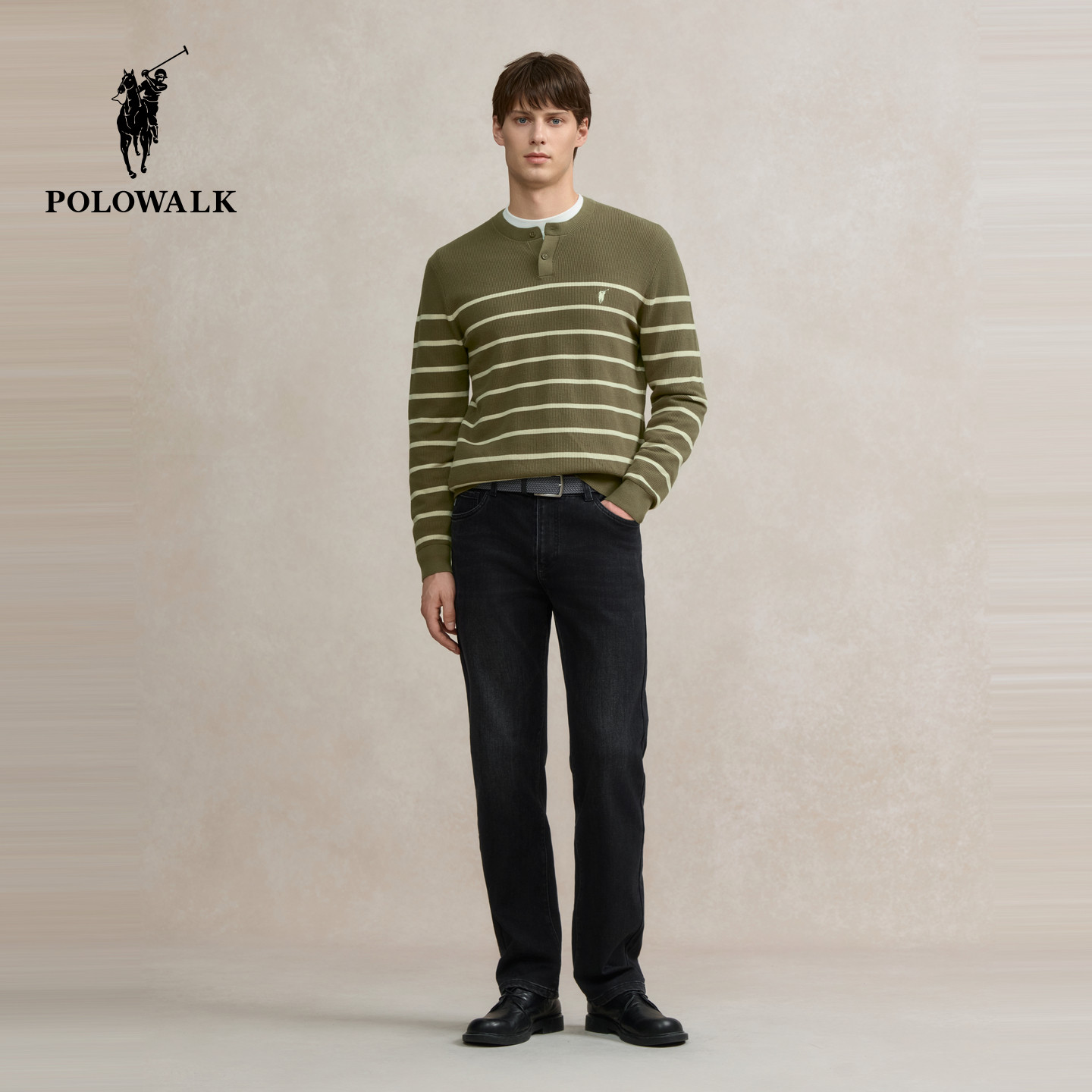 POLOWALK男式针织衫2025秋季新品条纹修身圆领套头上衣打底衫男,淘宝优惠券,粉丝福利购,淘宝优惠卷