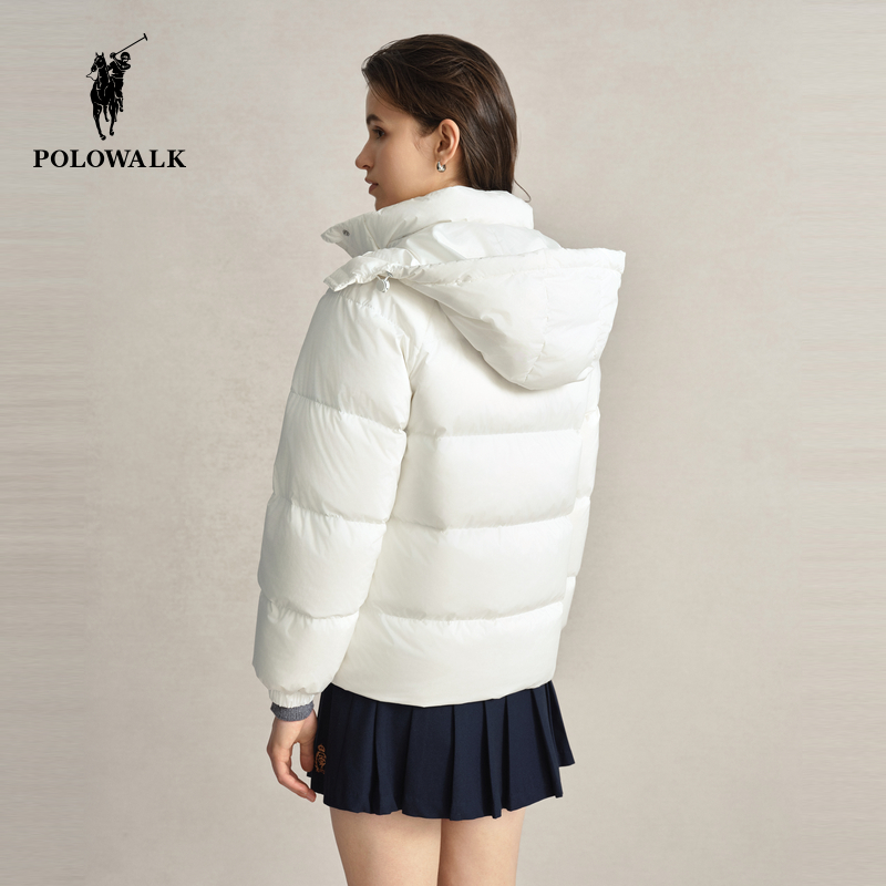 POLOWALK女士白色短款羽绒服2024冬季新款90绒可拆卸连帽保暖外套