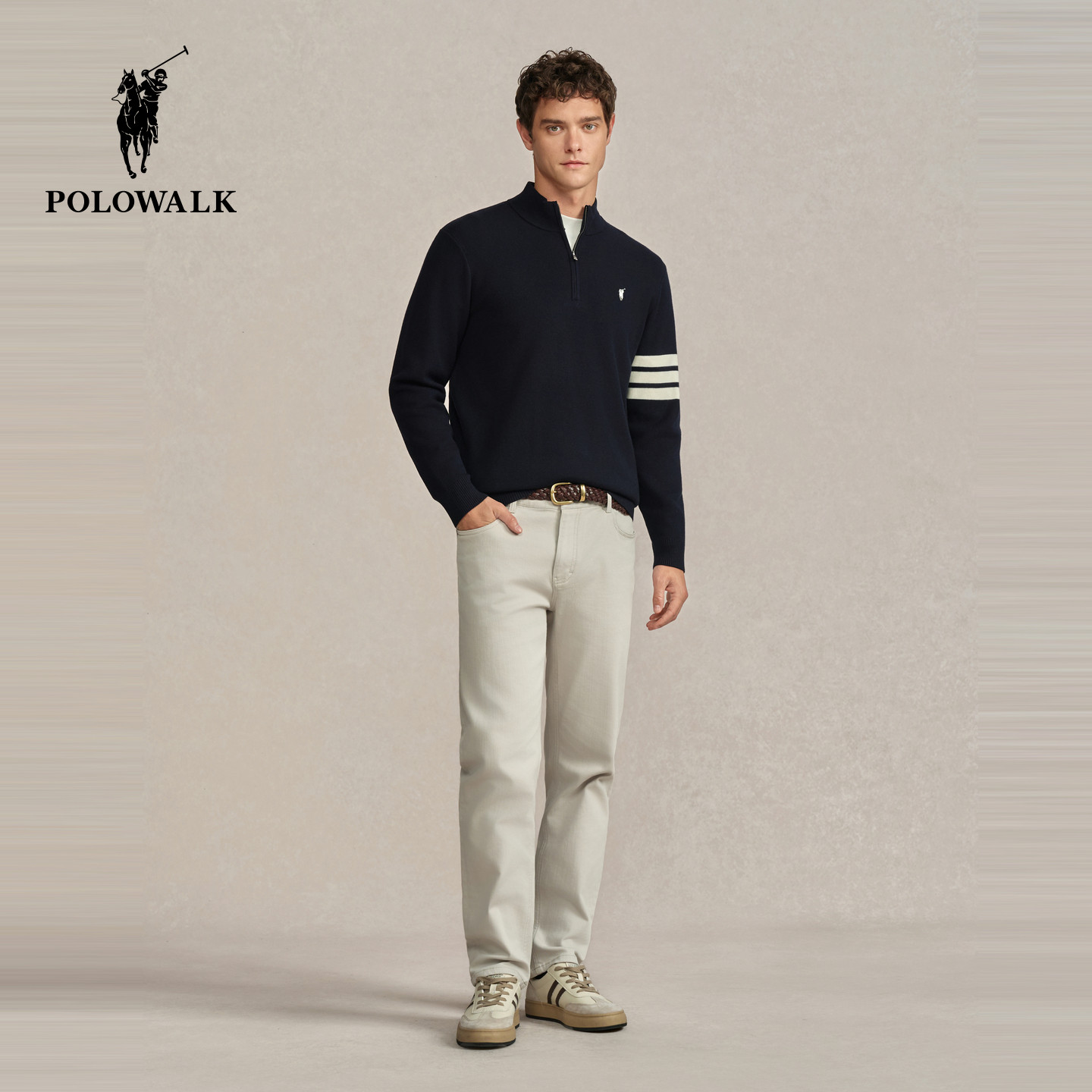 POLOWALK男式针织衫2025冬季新品时尚挺括半拉链立领条纹加绒上衣