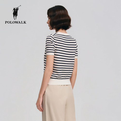 POLOWALK女式短袖针织衫2026春季新品条纹圆领百搭显瘦针织上衣 - 图2