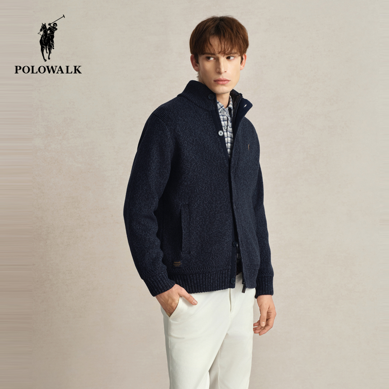 POLOWALK男士加绒针织开衫2024冬新款保暖针织衫上衣百搭毛衣外套