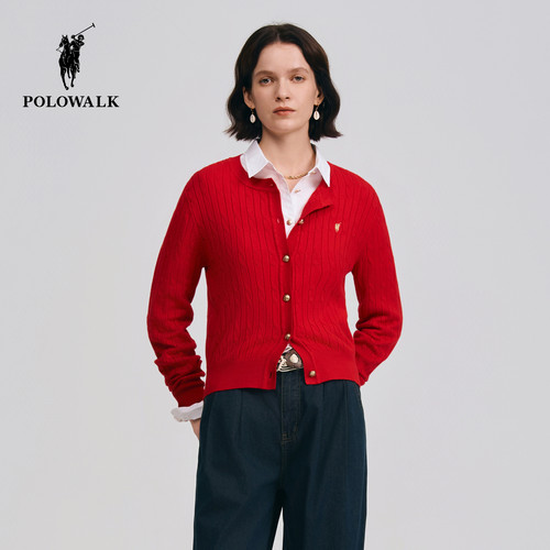 【红色款】POLOWALK女式长袖针织衫2026春季新品红色绞花针织开衫 - 图0