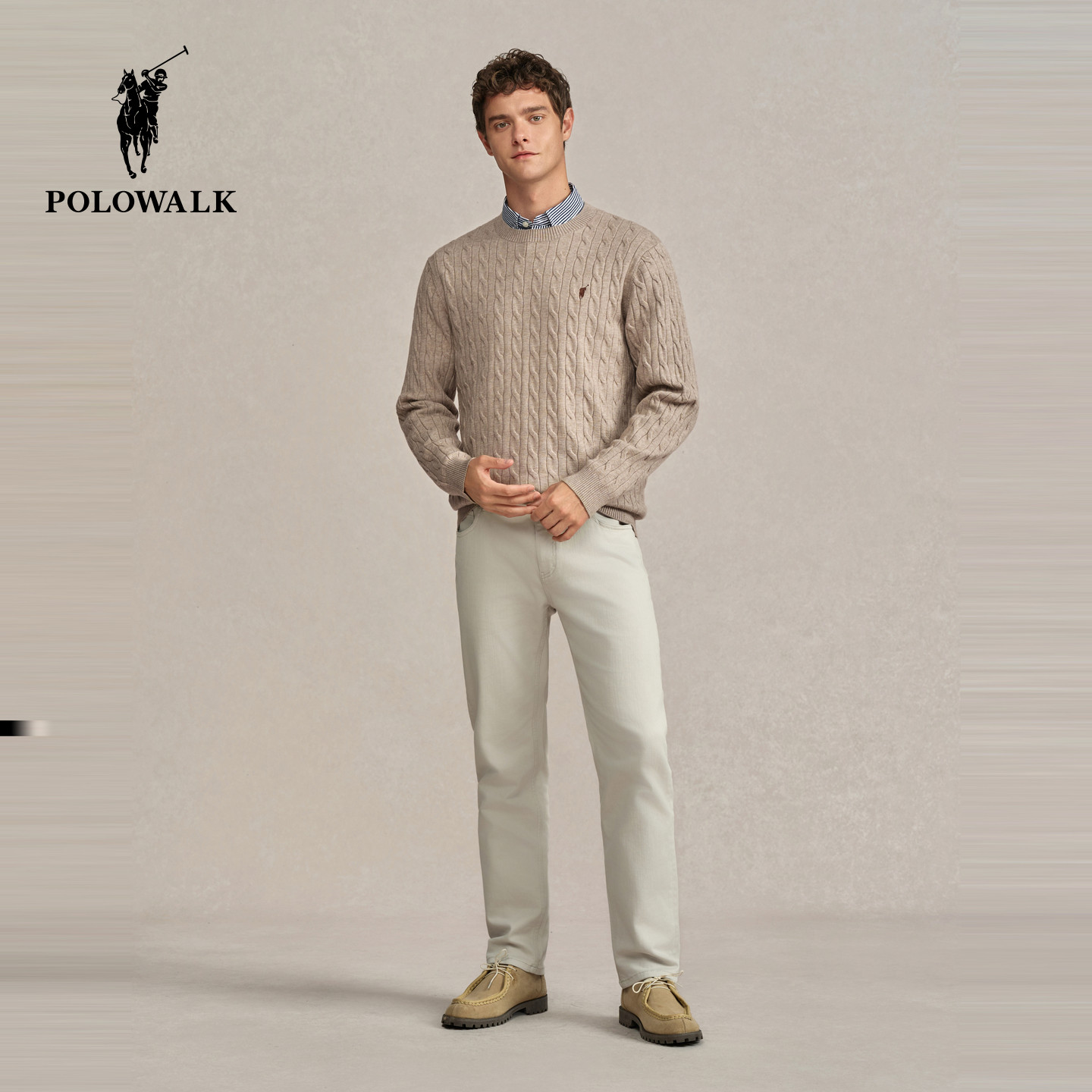 POLOWALK男式针织衫2025秋季新品时尚绞花圆领包芯纱套头针织衫男