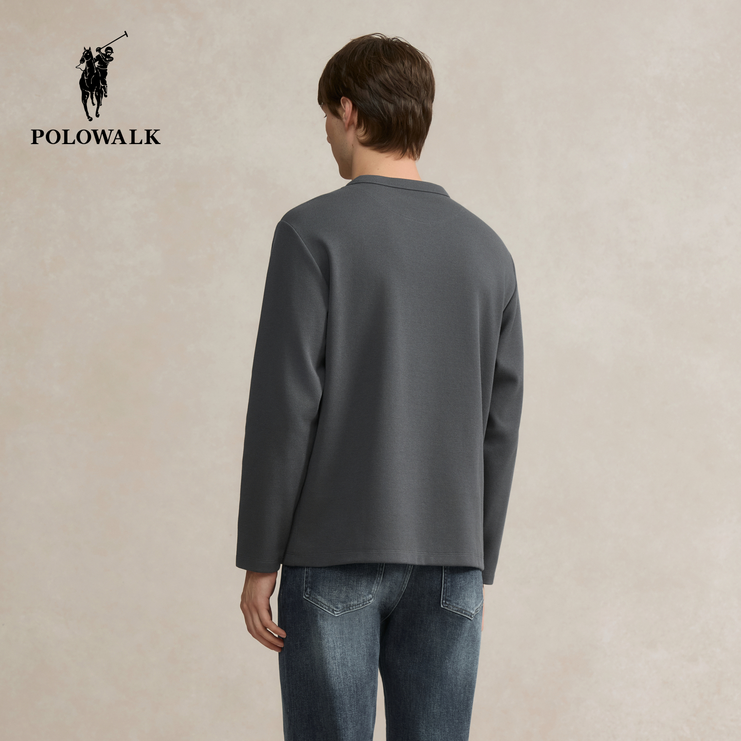 POLOWALK男式长袖T恤2025秋季新品简约韩系拼接领口百搭休闲上衣 - 图2
