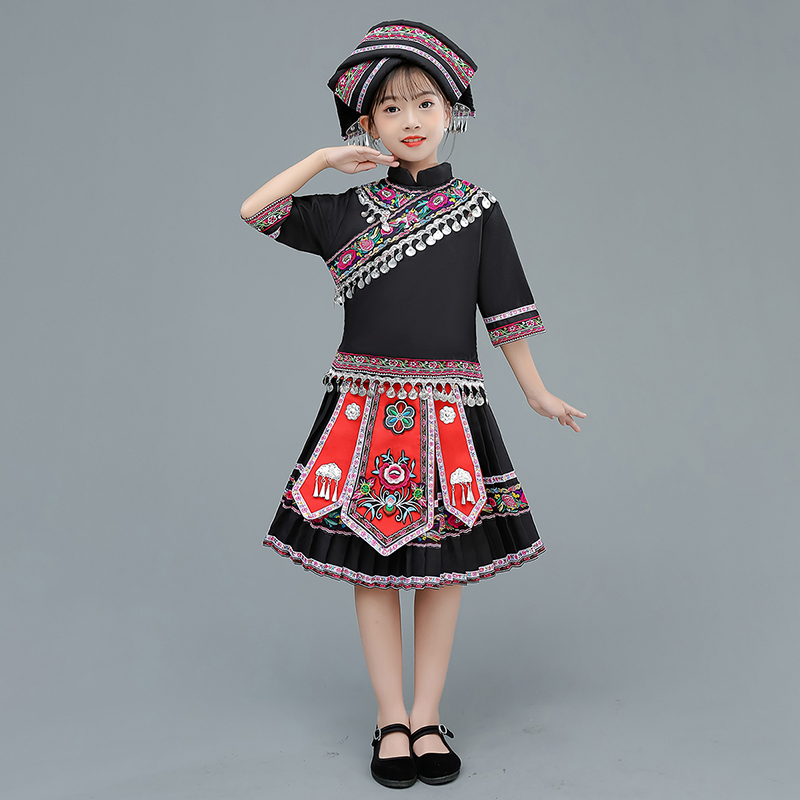 少数民族服装女童壮族苗族彝族舞蹈服三月三演出服儿童元旦表演服 - 图0