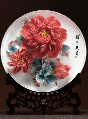 洛阳牡丹瓷摆件手工陶瓷艺术客厅装饰挂瓷盘工艺品乔迁办公室礼品
