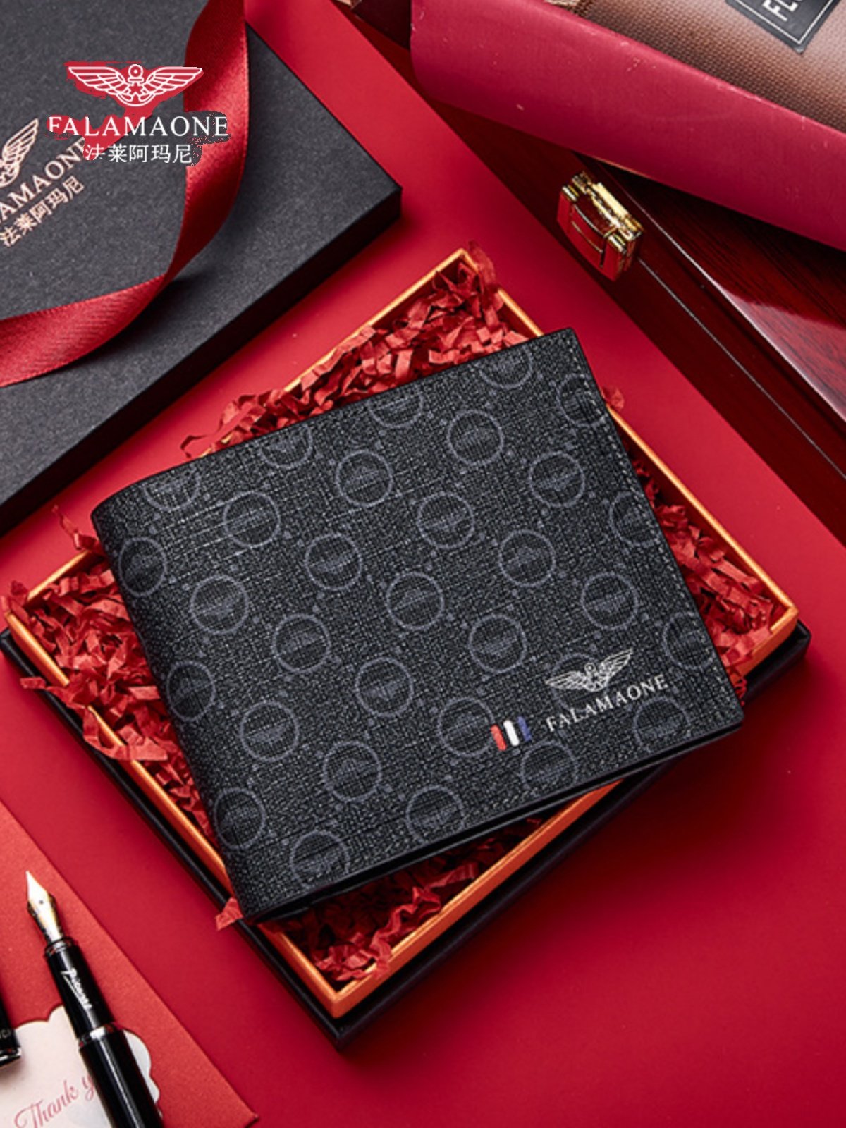 正品法莱阿玛尼十大名牌男士钱包短款真皮钱夹高档送老公生日礼物