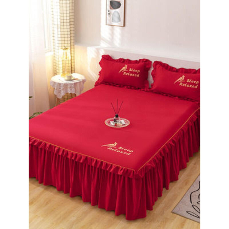 高端床罩床裙纯棉大气床笠床单单件结婚红色款2023新款带裙边的网