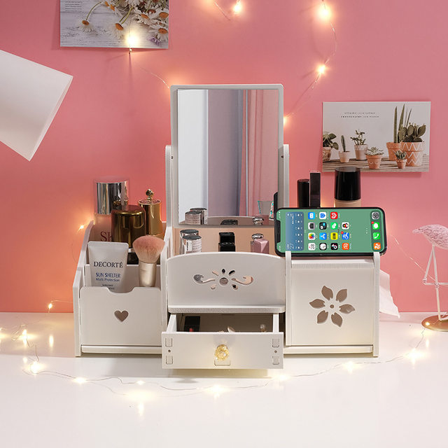 Makeup mirror wooden desktop dressing mirror with storage cat ear desktop dormitory dressing table with paper drawer