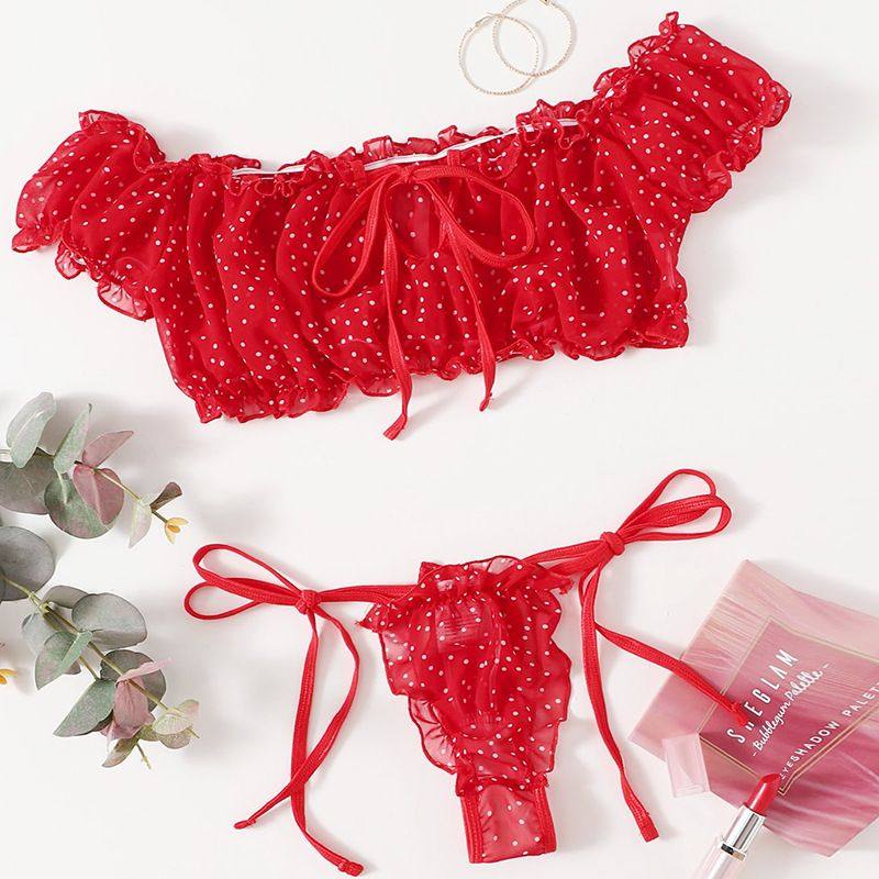 菲韵跨境外贸性感内衣裹胸内裤套装 一字肩绑带睡衣女波点网纱026,淘宝优惠券,粉丝福利购,淘宝优惠卷
