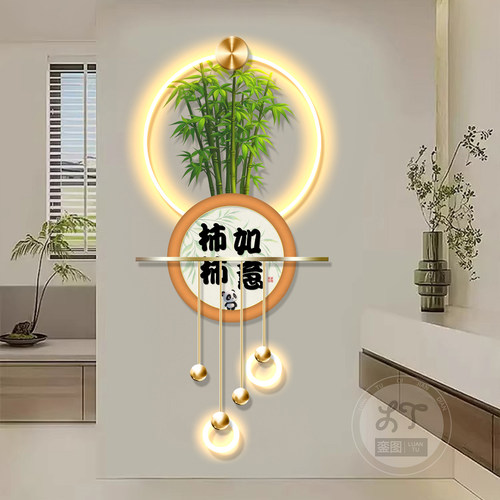 奶油风客厅玄关装饰画竹报平安壁画入户正对门挂画创意LED灯画 - 图2