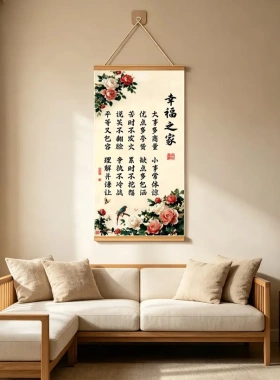 幸福之家大事商量小事体谅新中式牡丹挂画客厅玄关国画装饰画卷轴