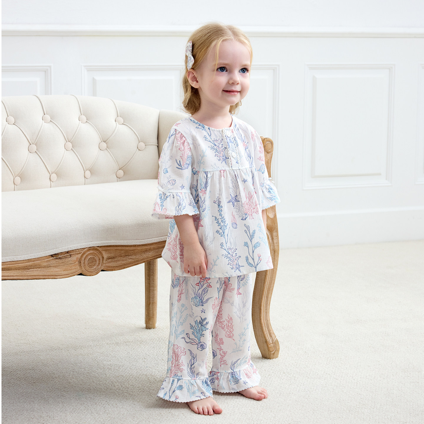 【新品】Domiamia儿童家居服套装女童纱布睡衣居家七分袖宝宝衣服,淘宝优惠券,粉丝福利购,淘宝优惠卷