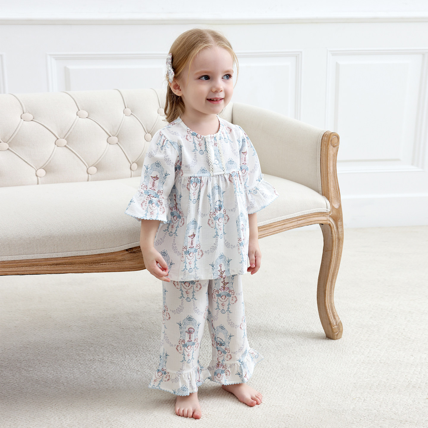 【新品】Domiamia儿童家居服套装女童纱布睡衣居家七分袖宝宝衣服,淘宝优惠券,粉丝福利购,淘宝优惠卷