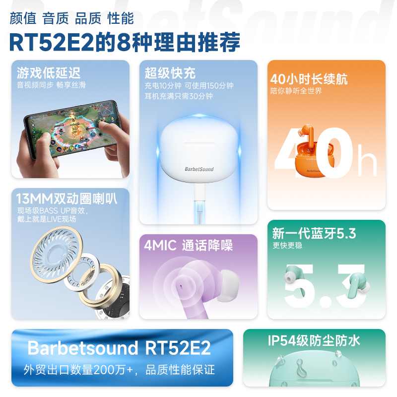 BarbetSound RT52E2真无线蓝牙耳机ENC降噪新款2023入耳式长续航 - 图0